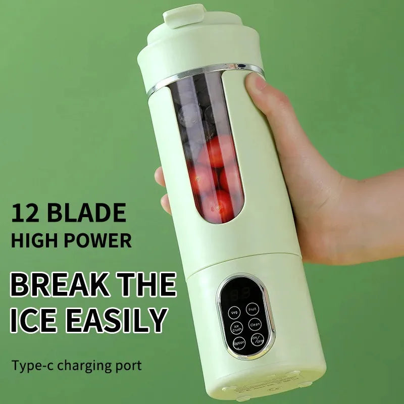 New Juicer 530ml Portable Wireless USB Charging Mini Juicer Crushed Ice Electric Juicing 12 Blade Digital Display Blender